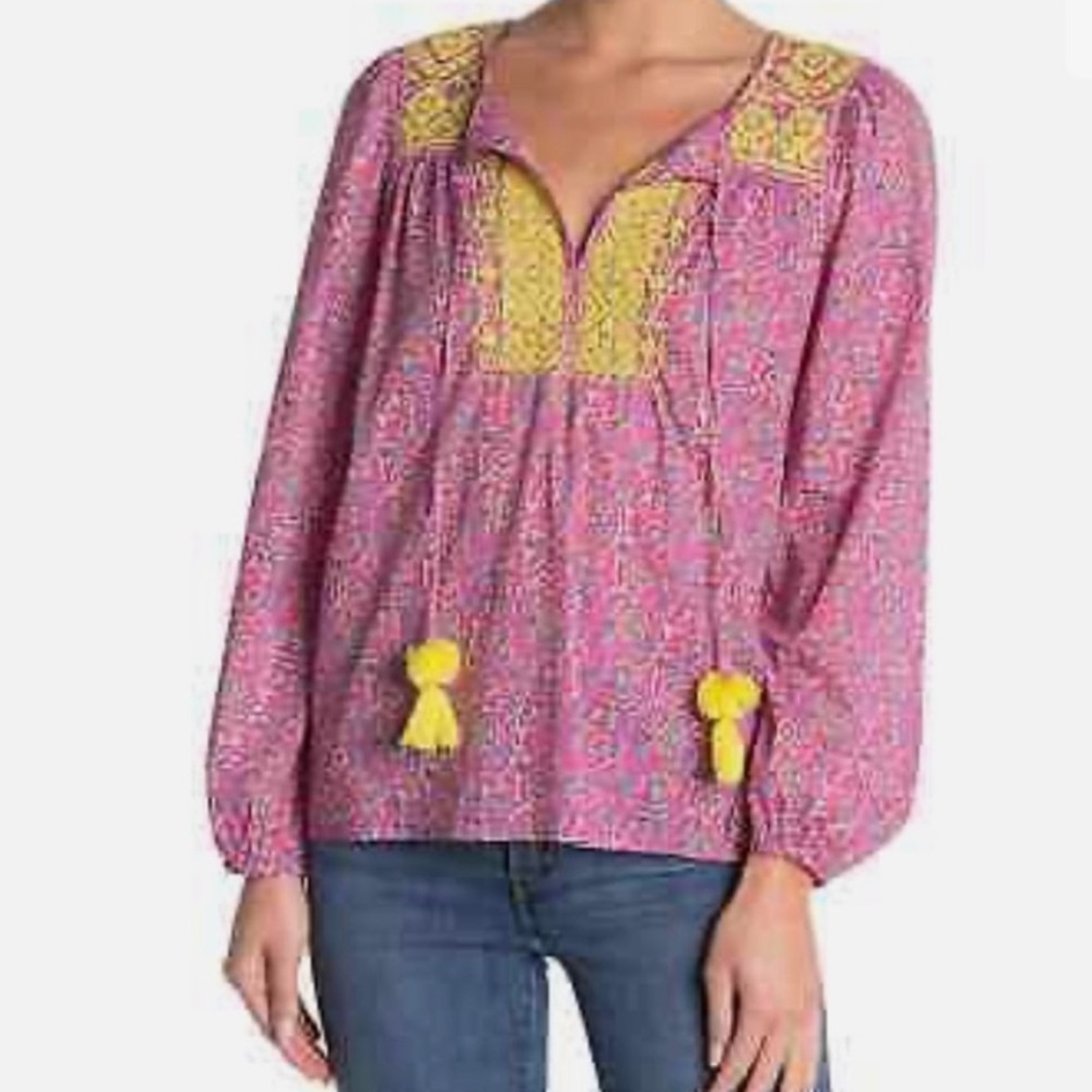 JCrew Starina MultiPrint Embroidered Tassel Blouse - S